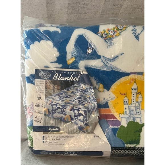 Beacon Other - Vintage Beacon Unicorn Rainbow Castle Twin Blanket Blue Whip Stitch Perma-Nap
